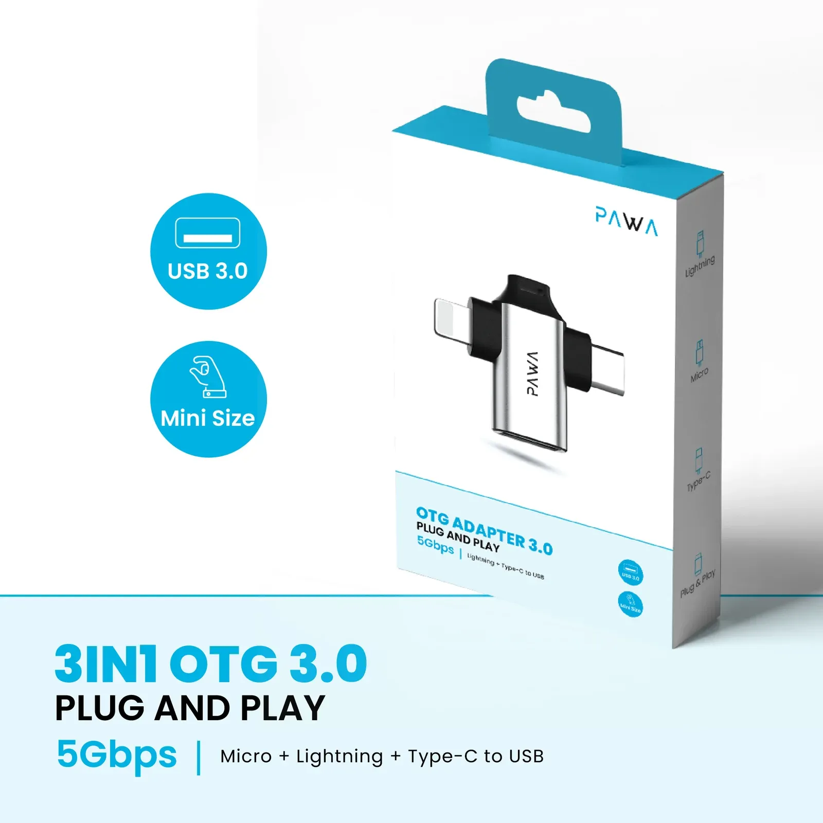 Pawa 3-in-1 OTG Adapter (Lightning and USB-C to USB 3.0) OTG31B30