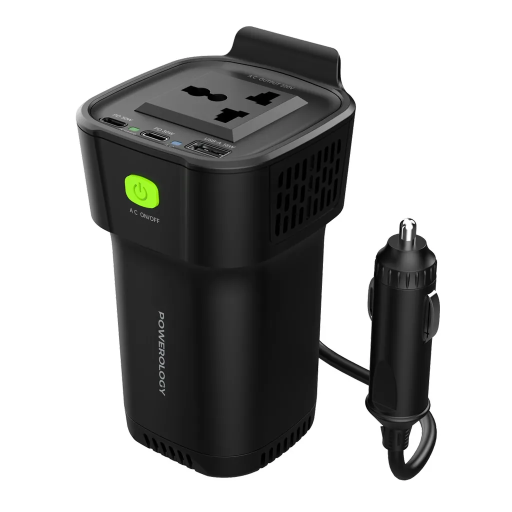 Powerology 150W Cup Holder Power Inverter with USB-C and USB-A P150INVBK