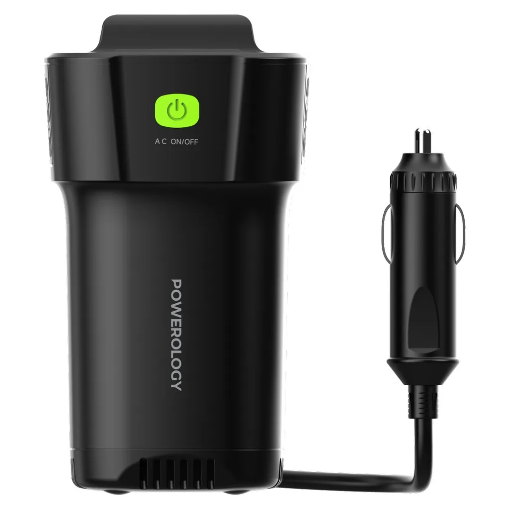 Powerology 150W Cup Holder Power Inverter with USB-C and USB-A P150INVBK