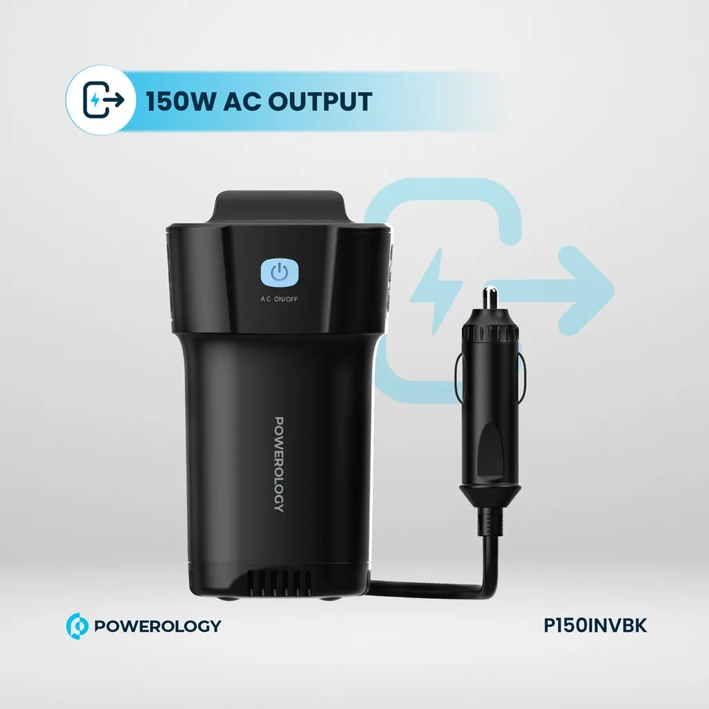 Powerology 150W Cup Holder Power Inverter with USB-C and USB-A P150INVBK