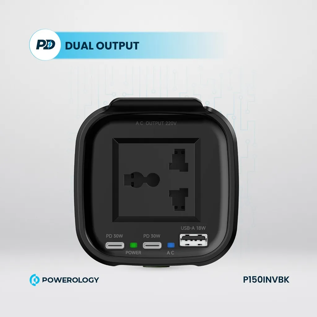 Powerology 150W Cup Holder Power Inverter with USB-C and USB-A P150INVBK